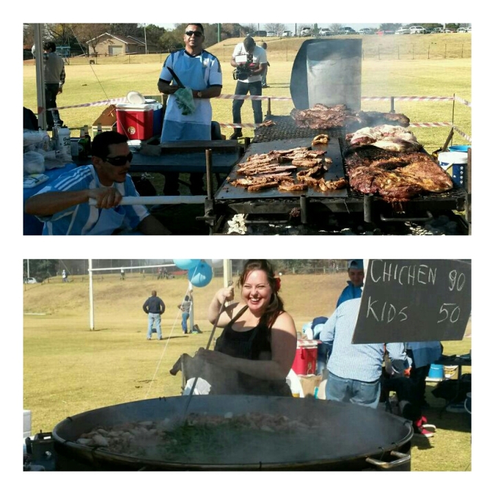 Asado being grilled (top), The cheerful lady making the paella (below)